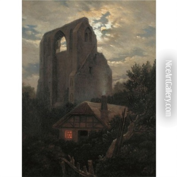 Ruine Eldena Mit Hutte Bei Greifswald Im Mondschein (ruins Of The Eldena Monastery, Greifswald) Oil Painting - Carl Gustav Carus