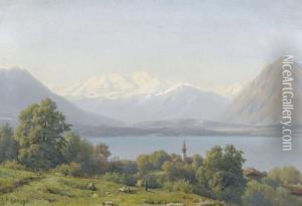 Sommerliche Ansicht Vom Thunersee Mit Schneebergen. Oil Painting - Jean Philippe George-Juillard