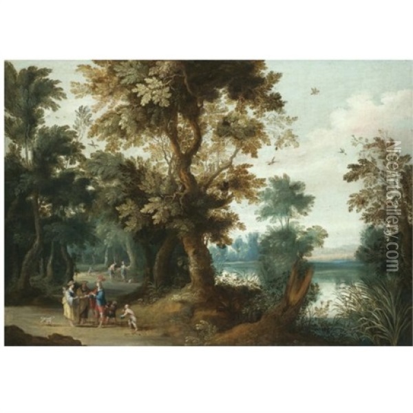 A Wooded River Landscape With Elegant Figures Having Their Fortune Told Oil Painting - Jasper van der Laanen