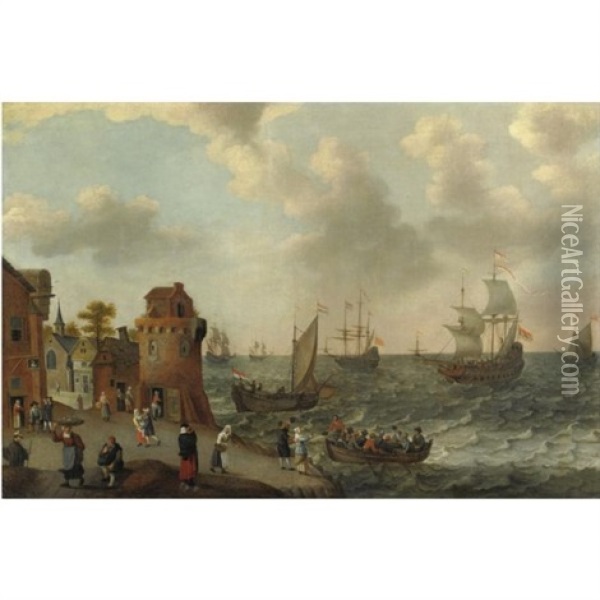 A Coastal Landscape With Numerous Figures On The Shore, A Dutch Fleet Setting Sail, And A Rowing Boat Approaching The Shore Oil Painting - Abraham Willaerts