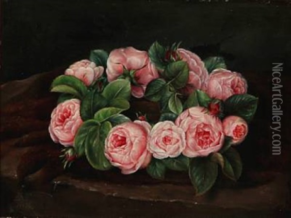 A Wreath Of Pink Roses On A Table Oil Painting - Emma Augusta Thomsen