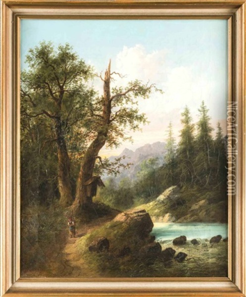 Alpine Landschaft Im Abendlicht Mit Bachlauf U. Holzsammlerin Am Bildstock Oil Painting - Edouard Boehm