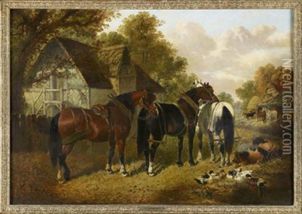 A Busy Farmyard Scene Oil Painting - John Frederick Herring Snr