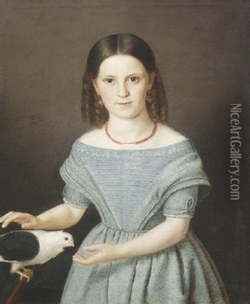 Portrat Der Altesten Tochter Der Familie P. Heinen In Einem Hellblauen Kleidchen, Mit Einer Taube Spielend Oil Painting - Alois Venth