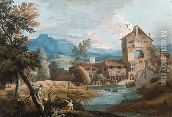 An extensive mountainous landscape with a mill by a stream Oil Painting - Marco Ricci