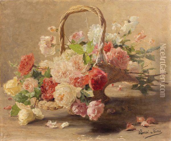 Panier De Roses Rouges Et Blanches Oil Painting - Henri Biva