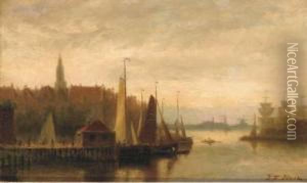 View Of A Harbour Town At Dusk Oil Painting - Johannes Frederik Hulk, Snr.