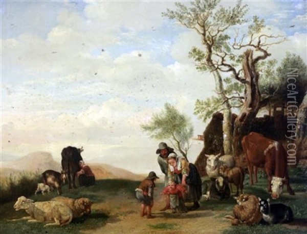 Cattle And Figures In A Landscape Oil Painting - Paulus Potter