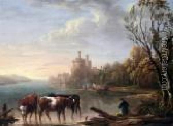 Cattle Watering With A Castle Beyond Oil Painting - Nicholas Pocock