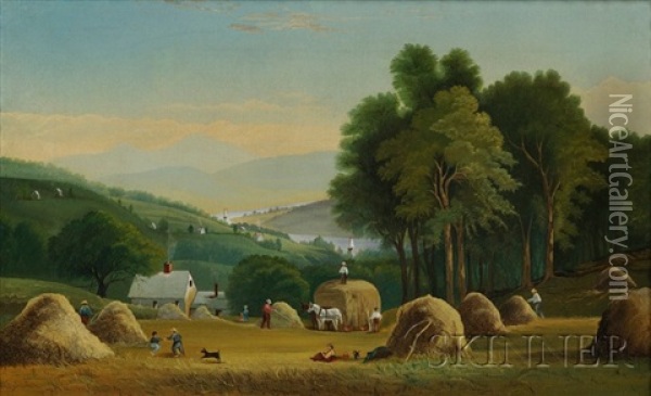 Landscape With Haying Oil Painting - Joseph Henry Hidley