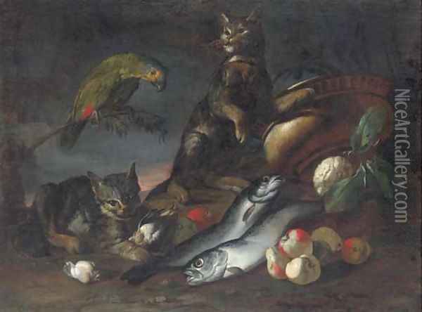 A parrot, two cats, dead fish, pears, an artichoke, a cauliflower Oil Painting - Neapolitan School