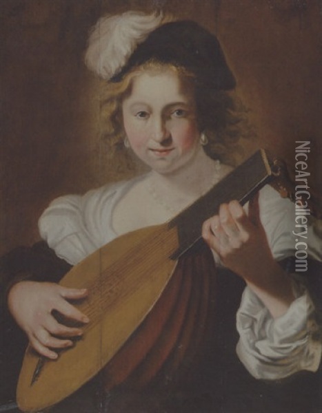 A Lady Playing A Lute Oil Painting - Christian van Couwenbergh