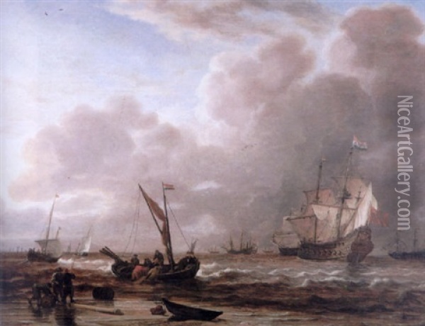 An Evening Landscape With Dutch Men O'war And Other Vessels In Choppy Waters, Seamen Unloading A Dutch Pink Oil Painting - Hendrik Jacobsz Dubbels