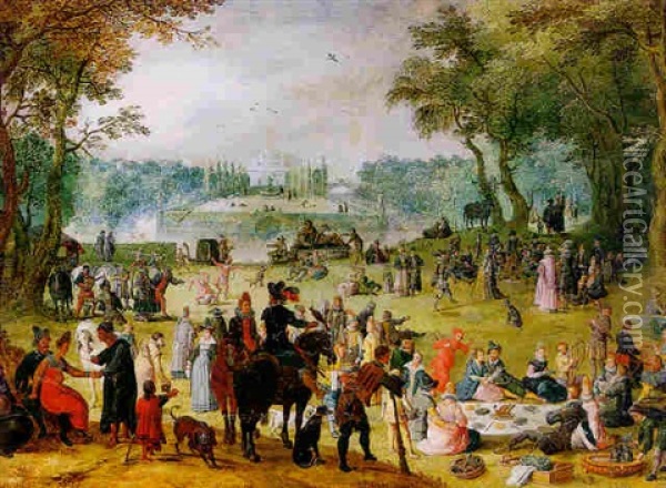 An Extensive Landscape With Figures At An Open Air Festival Oil Painting - Louis de Caullery