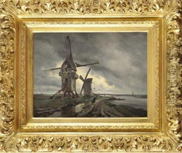 Les Moulins A Vent Du Ronchin Dans La Plaine De Lille Oil Painting - Emmanuel Lansyer