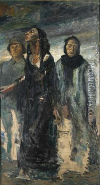 Szene Aus Dem1. Weltkrieg Mit Einem Soldaten Und Zwei Frauen, 
Studie, 
Ol/lwd. Oil Painting - Carl Johann Becker-Gundahl