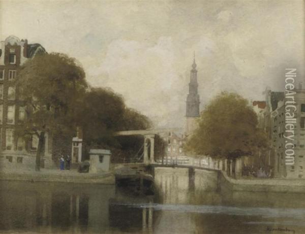 A View Of The Groenburgwal, Amsterdam Oil Painting - Johannes Christiaan Karel Klinkenberg