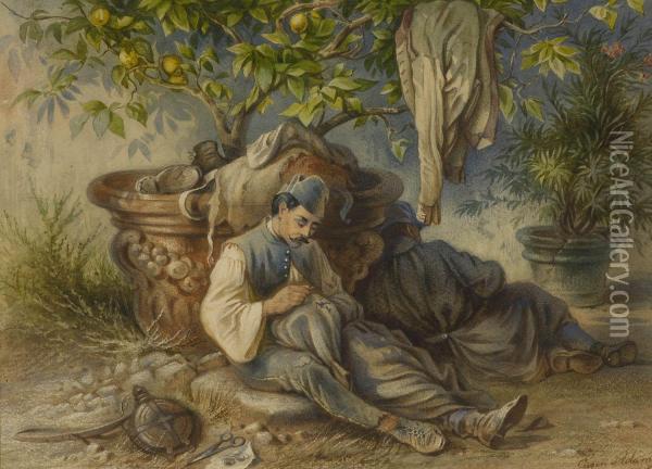 Zwei Ruhende Soldaten Beieinem Zitronenbaumchen Oil Painting - Eugen Adam