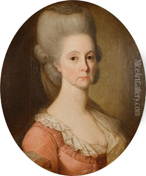 Portrait Of A Lady, Bust Length, In A Pinkdress Oil Painting - Johann Heinrich The Elder Tischbein