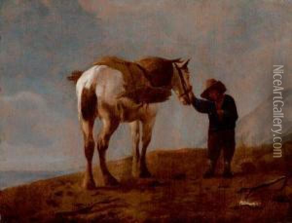 Farmer Waiting By A White Horse Oil Painting - Pieter Wouwermans or Wouwerman