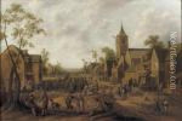 A Town With Numerous Figures Gathered In A Street Oil Painting - Joost Cornelisz. Droochsloot