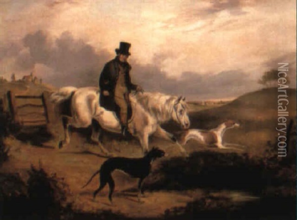 Mr. William Loft Of Thorpe, Near Alford With Two Greyhounds Oil Painting - Edmund Bristow