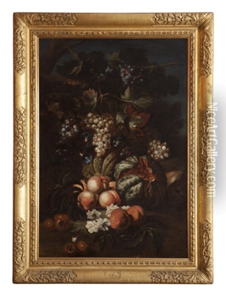 Still Life With Peaches, Grapes And Melons Oil Painting - Simone Del Tintore