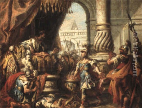 Mucius Scaevola Before Lars Porsena Oil Painting - Giovanni Antonio Guardi