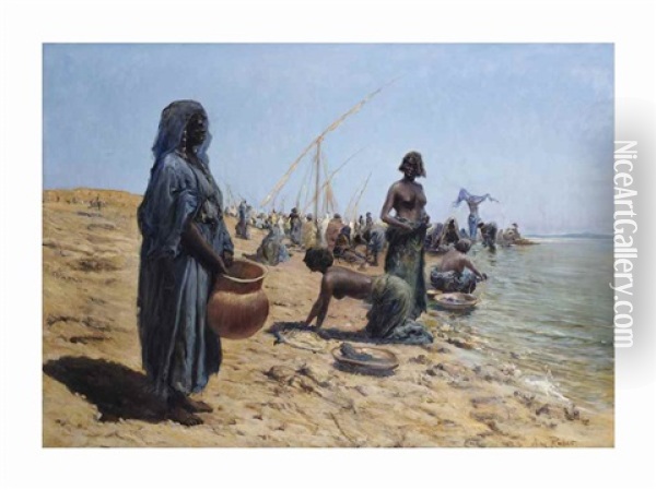 Grosse Wasche Bei Omdurman: Women Washing Along The River Nile, Sudan Oil Painting - Max Friedrich Rabes