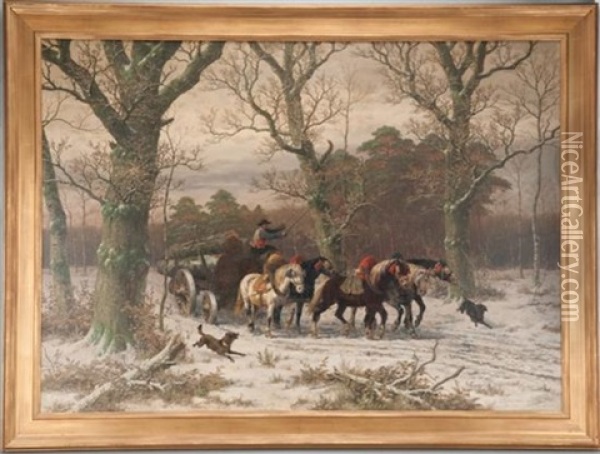 Woodsman Bringing Logs From The Winter Forest Oil Painting - Caesar Bimmermann