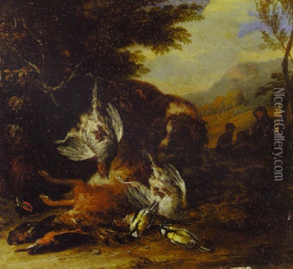 A Dead Hare, A Brace Of Partridge And Other Birds With A Spaniel, A Hunter And Dog Beyond, In A Wooded Landscape Oil Painting - Adriaen de Gryef