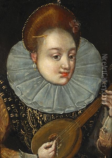 A Portrait Of A Noblewoman Playing A Lute; Also Three Other Portraits By The Same Hand (a Group Of Four) Oil Painting - Hieronymus I Francken
