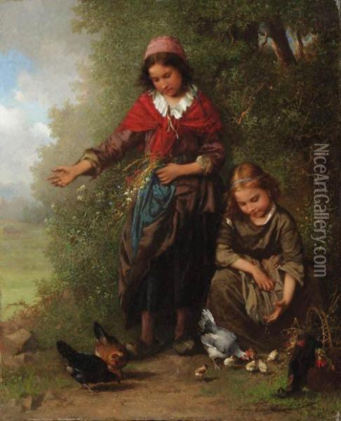 Feeding The Chickens Oil Painting - Henry Campotosto