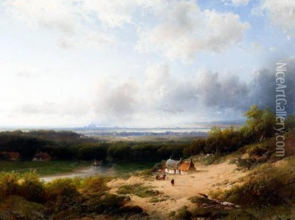 Boerderij In Duinlandschap Met De Stad Haarlem Aan De Horizon Oil Painting - Frederik Hendrik Hendriks