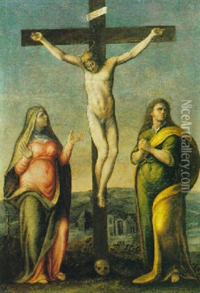 Crocefissione Con La Madonna E San Giovanni Oil Painting - Giulio Mazzoni