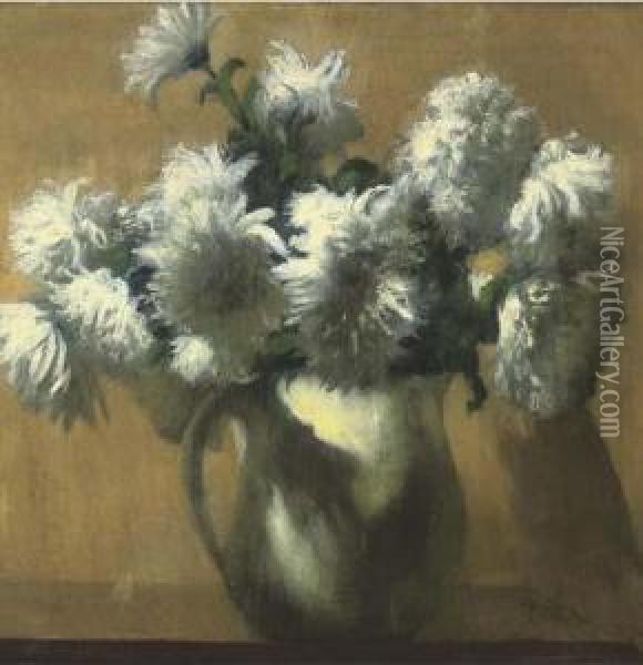 White Dahlias In A Jug Oil Painting - Arthur Segal