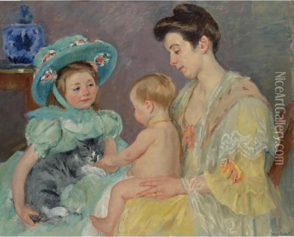 Children Playing With A Cat Oil Painting - Mary Cassatt