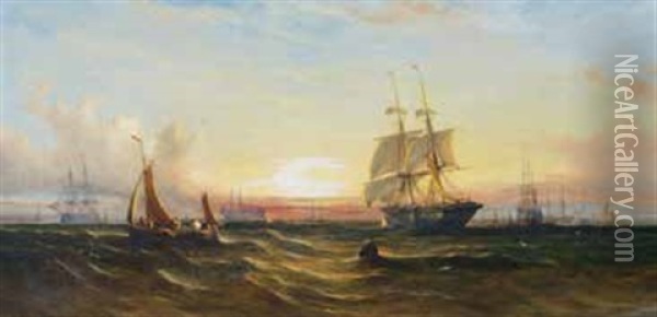 Sunset - A Line Of Battleships At Anchor Of Portsmouth; Evening - A Schooner Brig Running Before The Wind In The Downs (pair) Oil Painting - William Callcott Knell