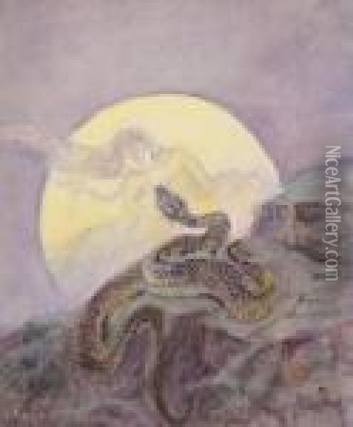 The Big Snake Used To Crawl Up A High Hill And Watch The Moon In The Sky Oil Painting - Charles Marion Russell