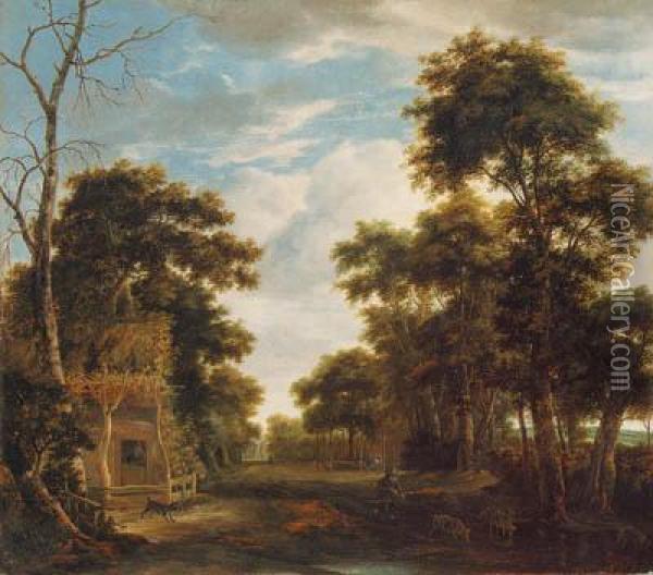 A Wooded Landscape With A Dog Barking At A Swineherd And Pig On Apath Oil Painting - Anthonie Waterloo