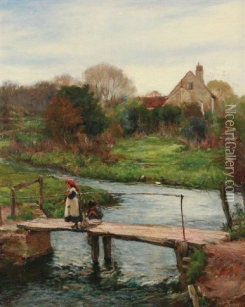Children Playing On A Bridge Oil Painting - Claude Hayes