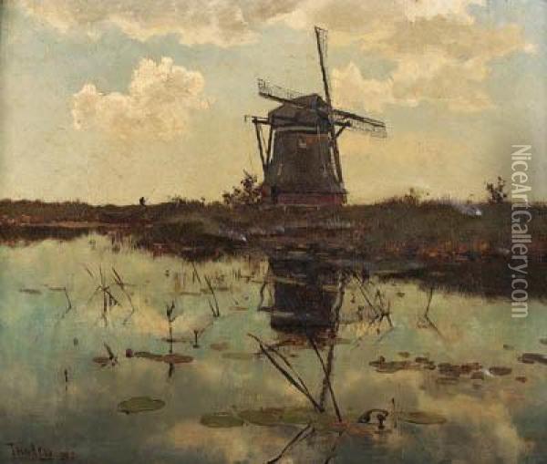 A Windmill In A Polder Landscape Oil Painting - Willem Bastiaan Tholen