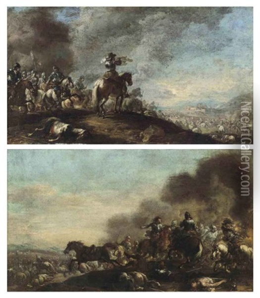 A Cavalry Troop On A Hilltop, A Fortified City Beyond (+ A Cavalry Skirmish; Pair) Oil Painting - Pandolfo Reschi