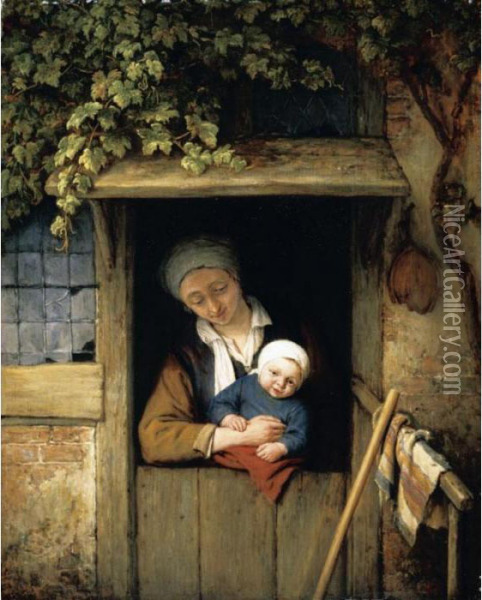 A Mother Holding Her Child In A Doorway Oil Painting - Adriaen Jansz. Van Ostade