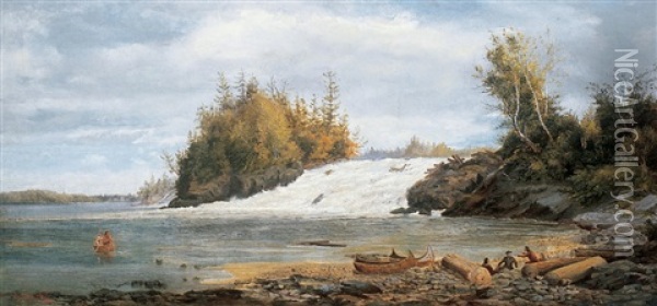 Riverscape With Canoeists By A Rapid Oil Painting - Michael Hannaford