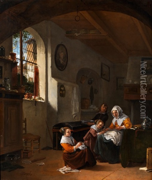 Hollandisches Interieur Mit Mutter Und Drei Kindern Oil Painting - Thomas Wijck