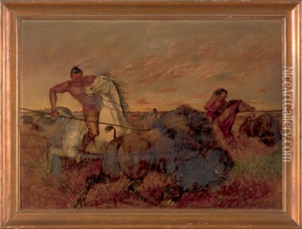 Indians Hunting Buffalo Oil Painting - John Dare Howland