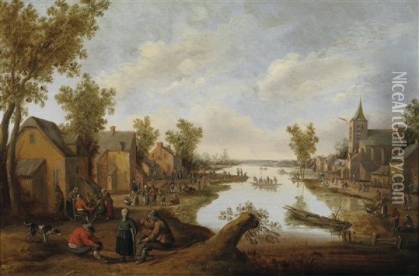 Abendstimmung In Einem An Einem Kanal Gelegenen Bauerndorf Oil Painting - Cornelis Droochsloot
