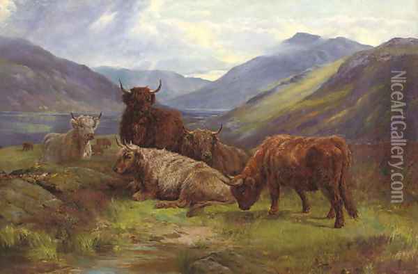 Highland cattle resting before a loch Oil Painting - William Watson
