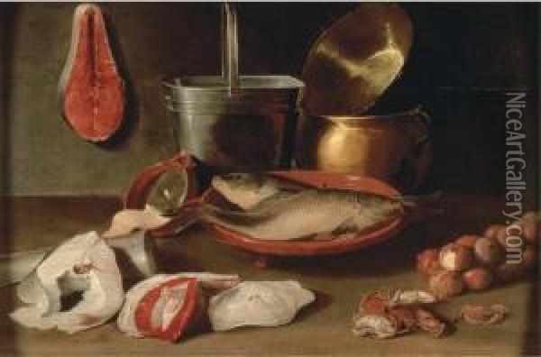 Bream In A Stoneware Bowl With Onions, Crabs, Fish Filets Oil Painting - Jacob Fopsen van Es